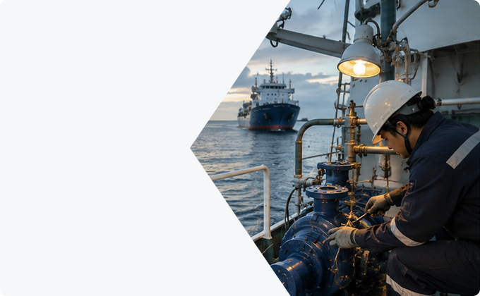 Marine engineer repairing pump on vessel